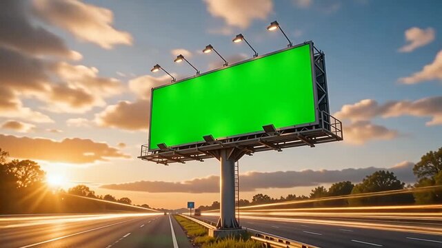 Green screen digital billboard advertising highway roadside banner empty display with hopeful atmosphere sunset bright future mood