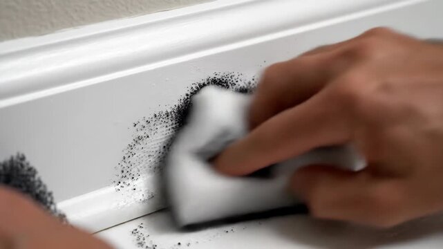 Man cleaning dirt from white baseboard with sponge. Home cleaning process of removing dust and grime from molding. Maintenance housework for interior repair.