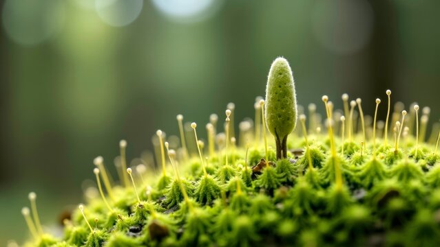 Green Moss With Spore Capsules Macro Nature