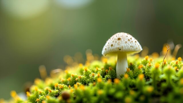White spotted mushroom on green moss close up