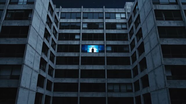 Man standing in illuminated apartment window at night in brutalist building. Silhouette of male looking out from high skyscraper. Urban mystery concept sequence.