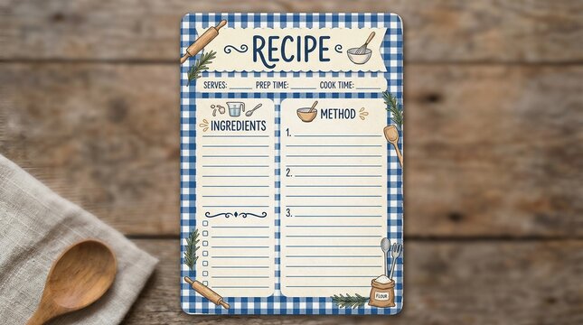 A recipe card on a wooden table with a spoon and napkin