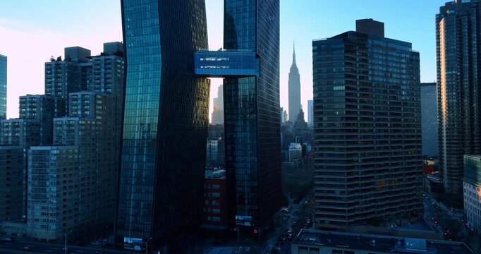 Distancing from the American Copper Buildings or simply The Copper. Pair of luxury residential skyscrapers in the neighborhood of Manhattan, New York City, USA.