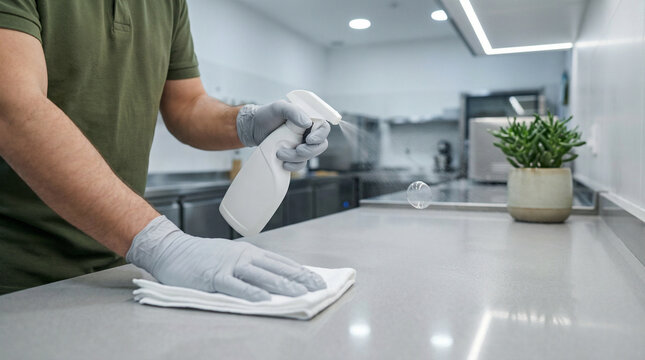 Professional cleaner wiping kitchen counter surface with sanitizing spray.