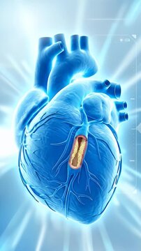 Glowing 3D medical illustration of blue human heart showing blocked artery atherosclerosis cardiovascular disease and futuristic stent placement device for hopeful innovative cardiology healthcare