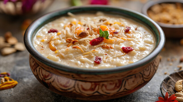 Kheer or Khir with dry fruit toppings served in ceramic bowl for festivals