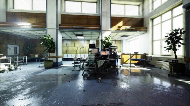 daytime clinical staging with transfer trolley and monitors, open recovery space with sunlight through high windows, potted greenery, empty chairs and medical