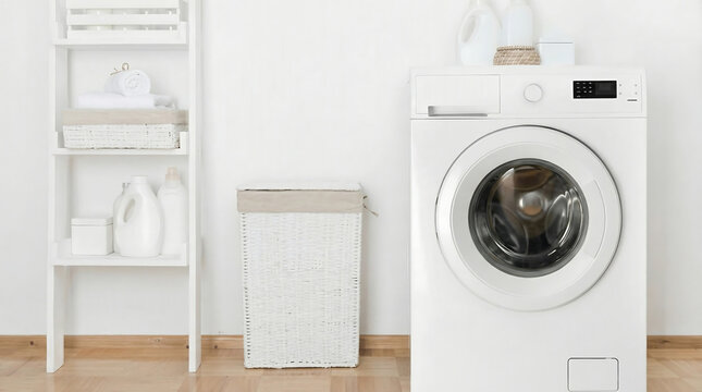 White washing machine in minimalist laundry room interior with shelf for household banner