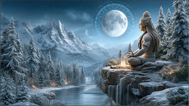Moonlit meditation figure above snowy river in silent alpine forest