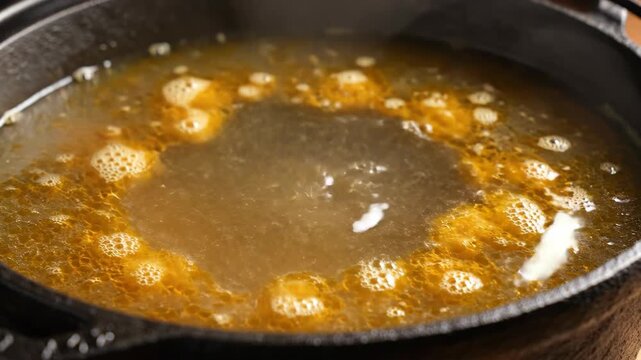Broth simmering in a cast iron pot. Traditional cooking process with bubbling liquid. Culinary preparation of healthy soup or homemade stock on kitchen stove.