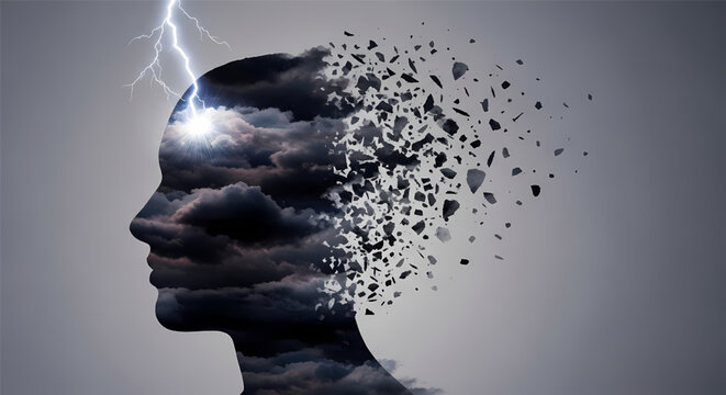 Dark human head silhouette with stormy sky and lightning exploding out of mind its illustration only