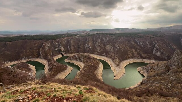 Uvac River meanders Serbia aerial view scenic canyon landscape drone shot