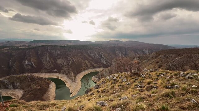 Aerial view of Uvac River meanders Serbia breathtaking Balkan nature landscape