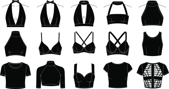 Set of women's fashion crop tops and bralettes silhouettes, featuring halter neck, racerback, turtleneck, and strappy designs, cad drawing flat vector illustration, flavector