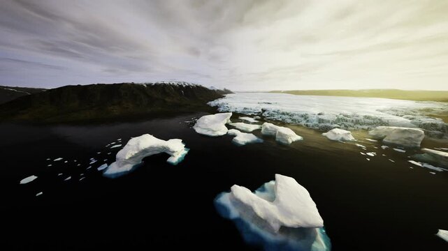 Ice floes drifting across Alaska coast, scattered bergs on dark water under low sun and heavy clouds, calm surface with pale reflections, distant rocky