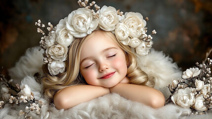 Fototapeta premium Cute little princess girl with crown of boutonniere flowers sleeping on white furs. Winter beauty and rococo fashion concept. Fantasy portrait for poster, cover