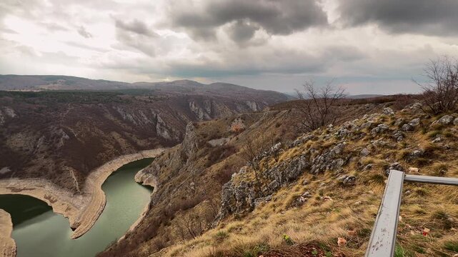 Aerial view of Uvac River meanders Serbia breathtaking Balkan nature landscape