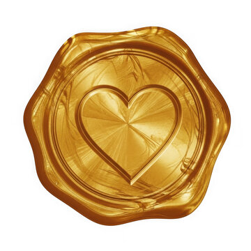 A golden wax seal with a heart design