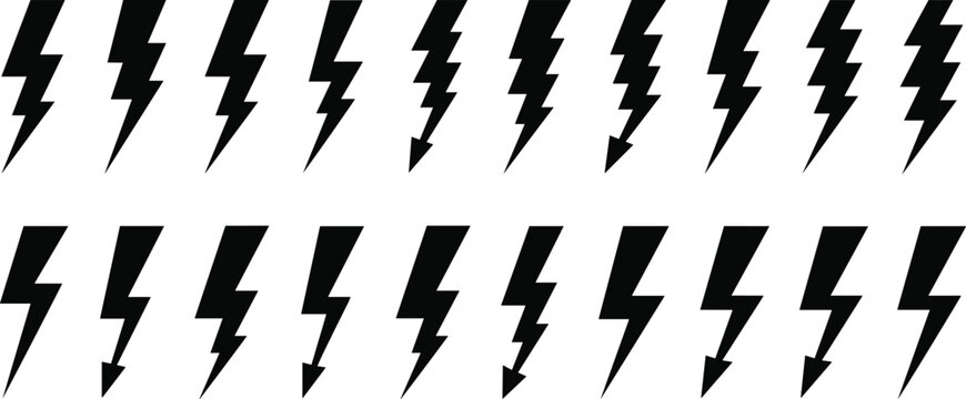 Black lightning bolt icon set, electric bolt symbols, energy flash vectors, collection of thunderstrike signs for power and voltage on white background.