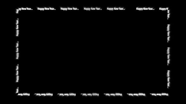 Abstract white Happy New Year text frame border on black background for holiday celebration loop