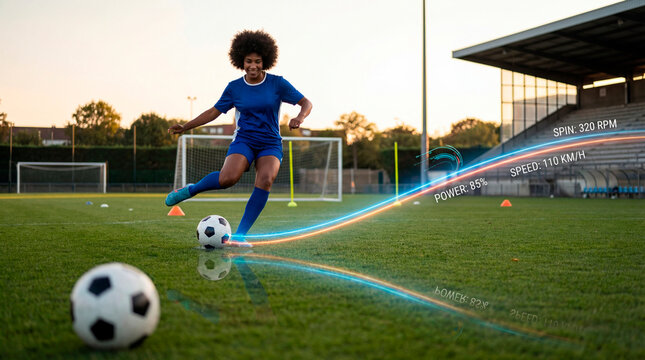 Focused female player kicking soccer ball with performance data