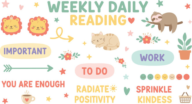 Colorful vector illustration of motivational planner with cute animals symbolizing positivity, organization, and encouragement