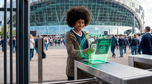 Confident fan scanning mobile ticket at smart stadium entrance