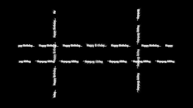 Happy birthday text pattern border frame on black background, glowing typography motion graphic design