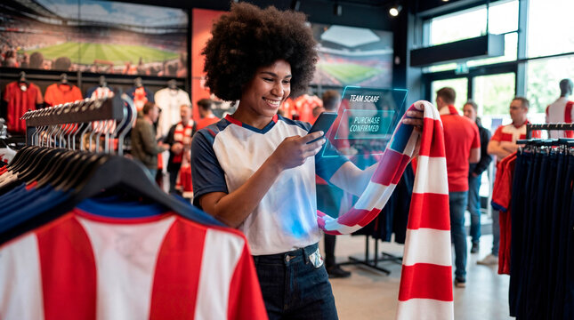 Satisfied supporter buying team scarf with mobile payment