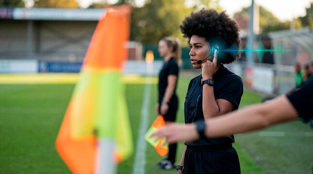 Alert assistant referee communicating decision near sideline