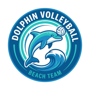 Vibrant dolphin volleyball team emblem design, ideal for athletic branding and beach sports apparel. Features a marine animal playing with a ball above ocean waves