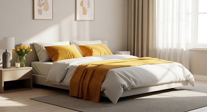 Modern bedroom interior with bed and window.