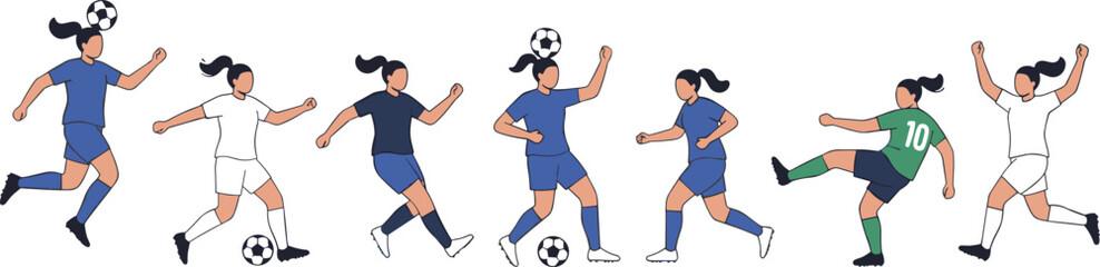Flat vector illustration of female soccer players in dynamic action poses with ball, uniforms, and athletic sports movements © Creative Stoker