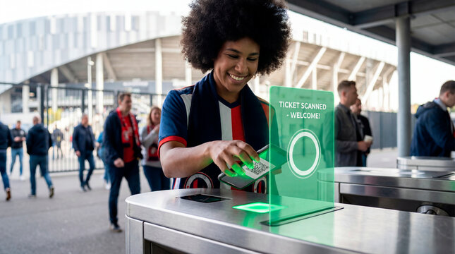 Smiling fan scanning digital ticket at stadium entrance gate