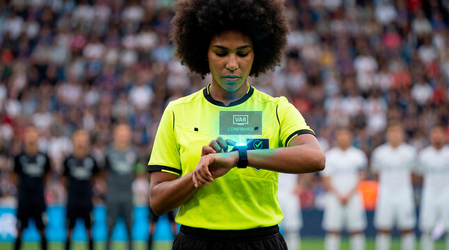 Focused referee confirming VAR decision using smart watch