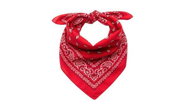 A classic red bandana with a traditional white paisley pattern folded into a triangular shape. isolated on transparent background