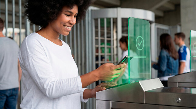 Satisfied supporter using mobile pass for contactless entry