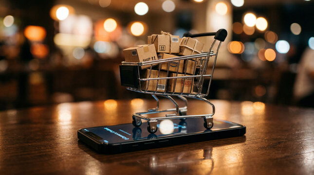 Miniature shopping cart filled with merchandise on top of a smartphone displaying retail app with online shopping with e commerce with app store with shopping experience