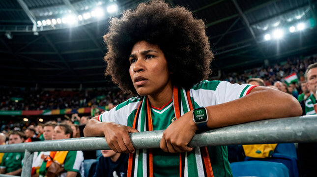 Concerned supporter watching match action from stadium stands