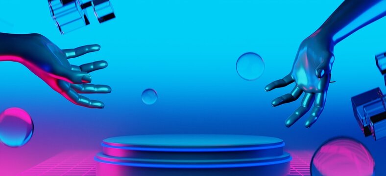 3d illustration rendering of y2k 2000s hand arm gaming technology futuristic fantasy metaverse cyberpunk sci-fi display podium pedestal stage room abstract background in neon-glow