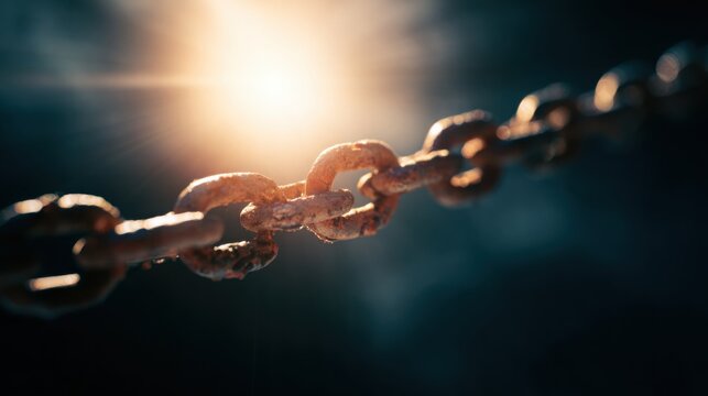 Broken chain illuminated by sunlight, dark background fading, symbolic composition with space, concept of freedom and victory over oppression