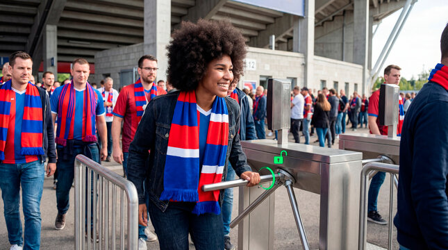 Excited fan entering stadium through secure access turnstile