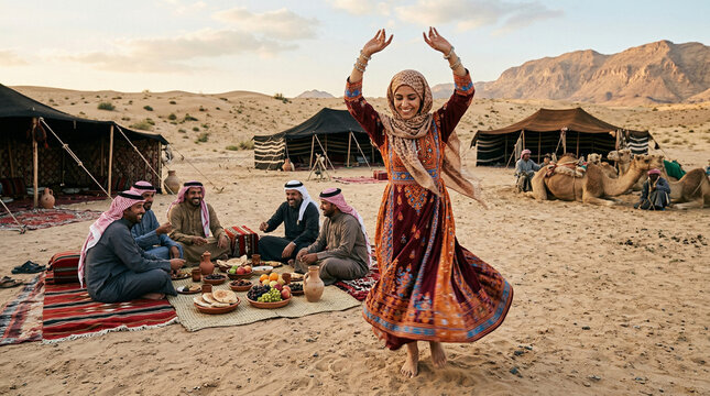 Joyful woman dancing in traditional attire at a bedouin desert camp with men gathering around food and camels with middle east with traditional clothing with golden hour with traditional dance