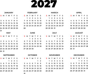 Minimalist 2027 full year calendar design displaying all twelve months with dates on a clean white background © FamousDesignMarket
