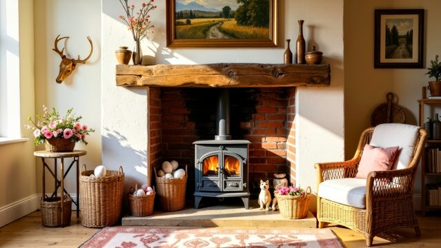 Cozy Country Living Room with Wood Burning Stove