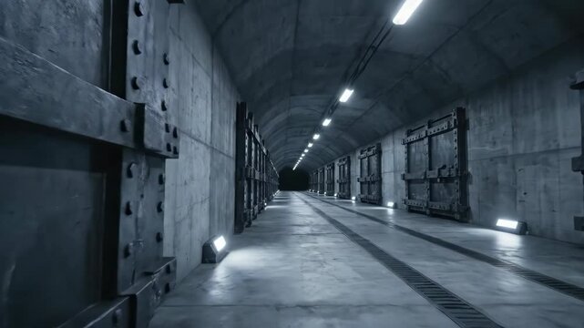 Empty concrete industrial tunnel with metal doors and floor lights. Secret underground bunker passage with mist. Futuristic military base corridor architecture view.