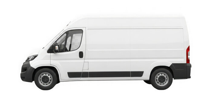 Modern white cargo van used for commercial transport and delivery services from side view isolated on transparent background