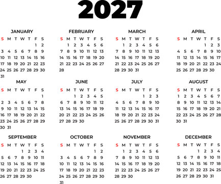 Minimalist 2027 full year calendar design displaying all twelve months with dates on a clean white background