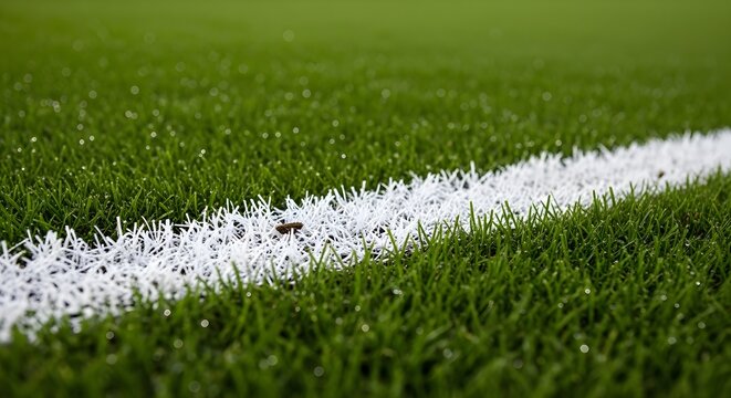Close up of a bright white line marking a vibrant green artificial turf sports field under natural