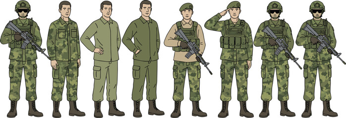 Obraz premium Vector illustration of soldiers in different military uniforms showing progression from fatigues to full combat gear